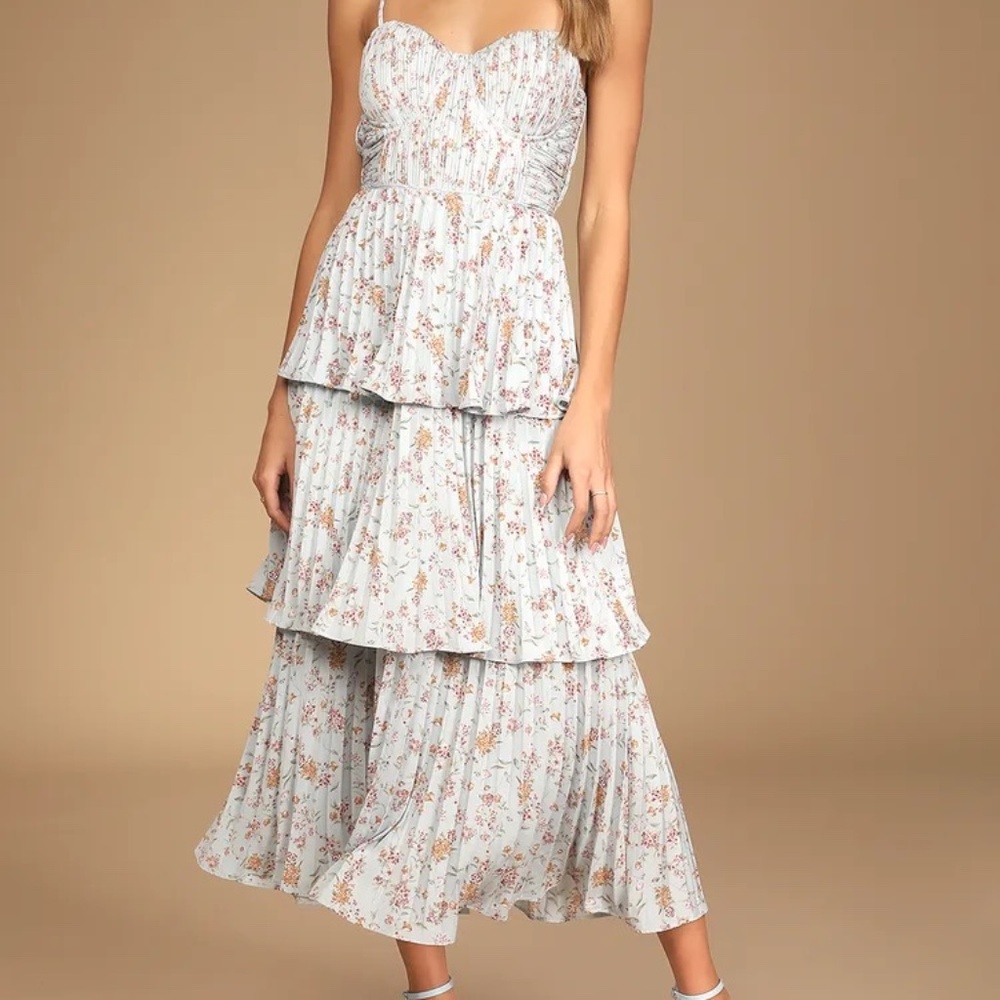 Lulus Pale Blue Floral Print Tiered Bustier Midi Dress - Small